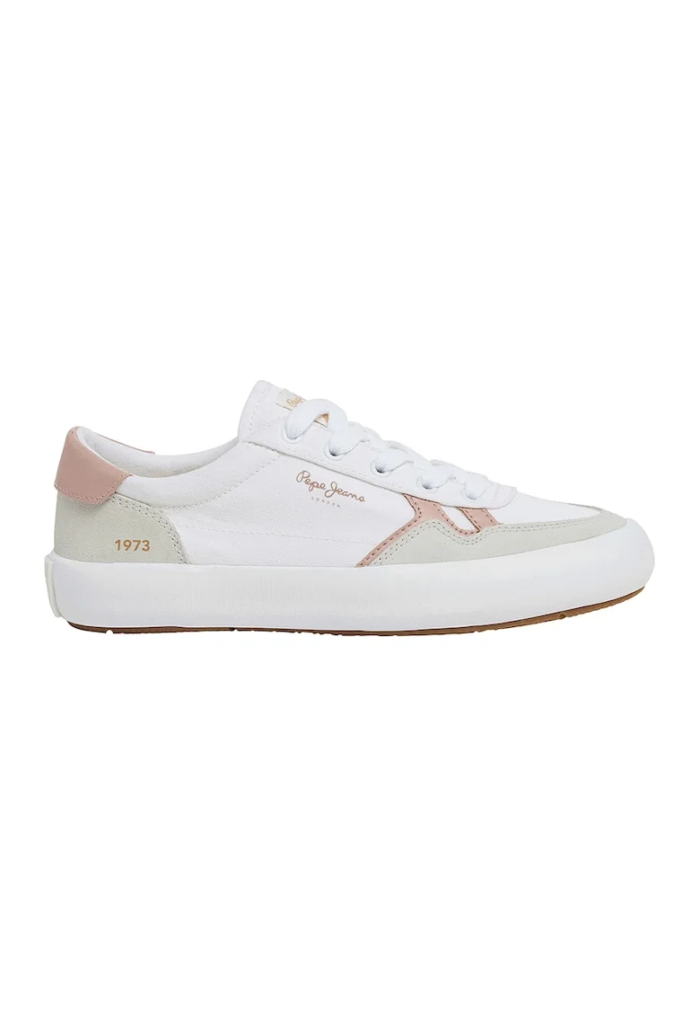 Pantofi sport cu insertii de piele intoarsa, Alb/Gri deschis/Roz pal