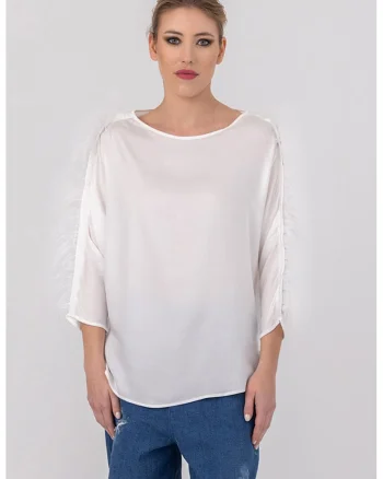 Bluza cu aplicatii cu pene Abba, Alb optic