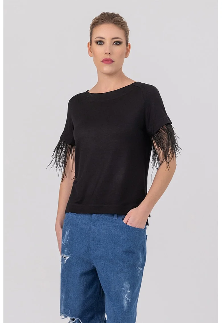 Tricou cu aplicatii cu pene Ariel, Negru