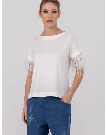 Tricou cu aplicatii cu pene Ariel, Alb optic