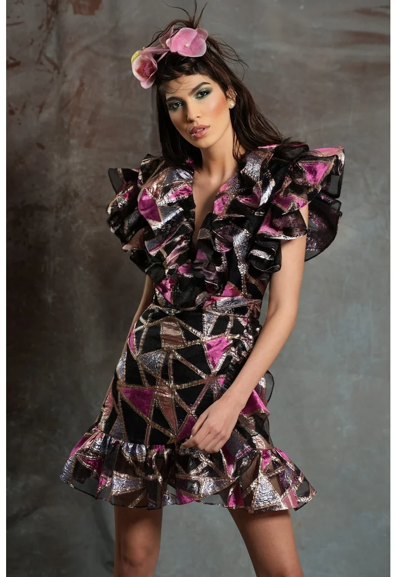 Rochie fara maneci cu volane Tago, Negru