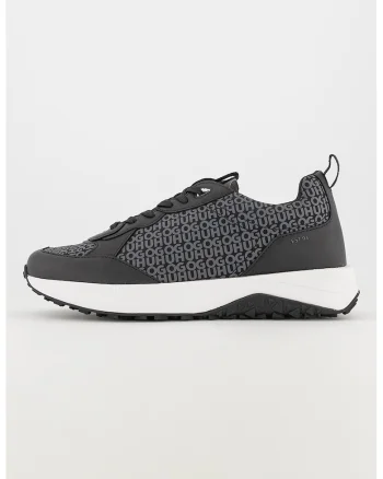 Pantofi sport de piele ecologica cu imprimeu logo, Negru/Gri