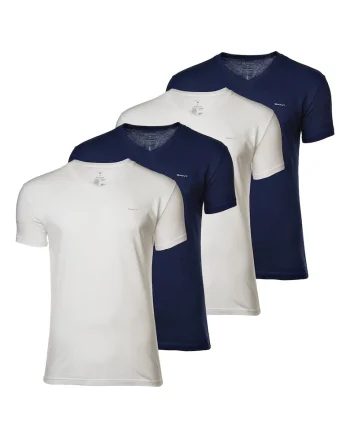 Set de tricouri de bumbac cu decolteu in V - 4 piese, Alb/Bleumarin