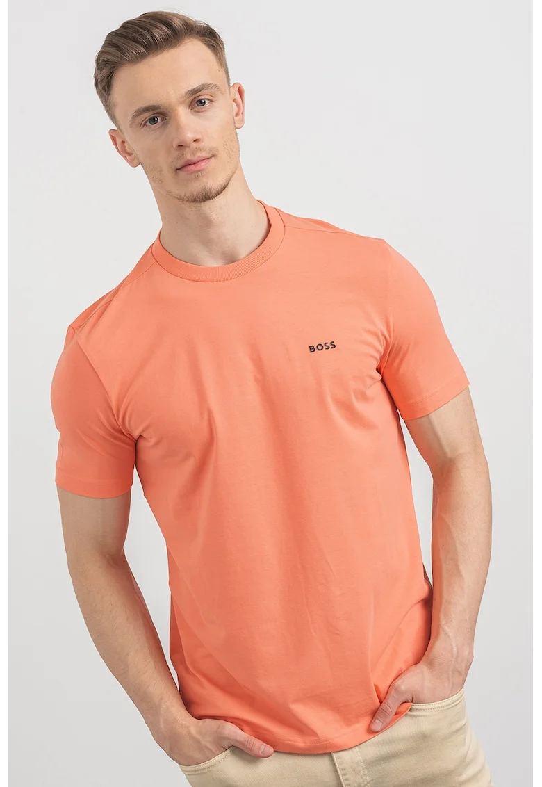 Tricou cu logo discret si decolteu la baza gatului, Rosu/Coral