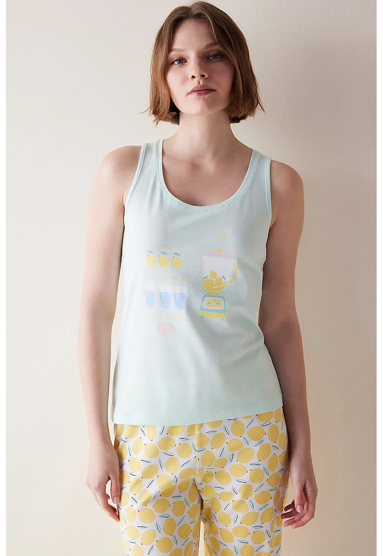 Top de pijama din bumbac cu imprimeu fructat, Galben/Albastru glaciar