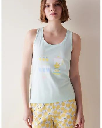 Top de pijama din bumbac cu imprimeu fructat, Galben/Albastru glaciar