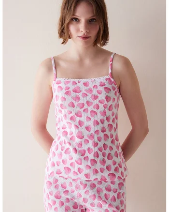 Top de pijama din bumbac cu model cu fructe, Alb/Roz aprins