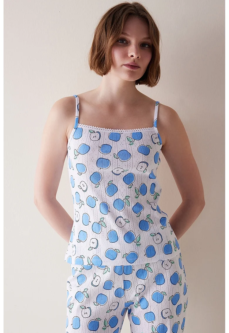 Top de pijama cu imprimeu, Alb/Albastru