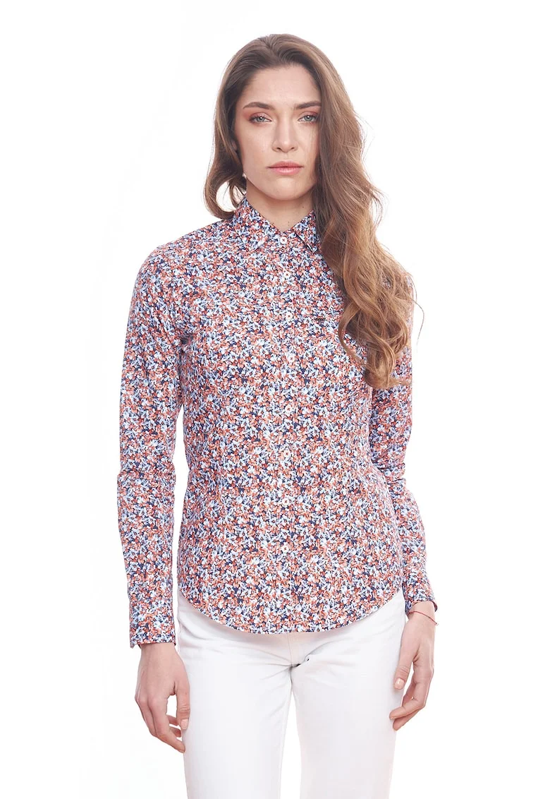 Camasa slim fit cu model floral, Rosu vermillion/Albastru