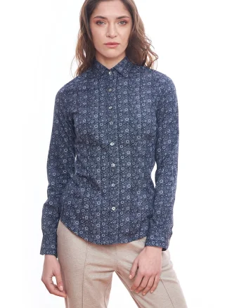 Camasa slim fit cu imprimeu grafic, Alb/Albastru inchis