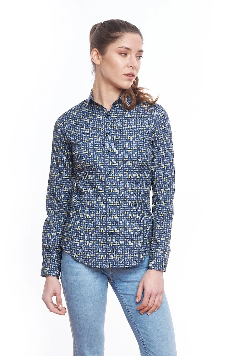 Camasa slim fit cu imprimeu grafic, Albastru inchis/Galben pai