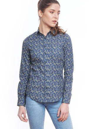 Camasa slim fit cu imprimeu grafic, Albastru inchis/Galben pai