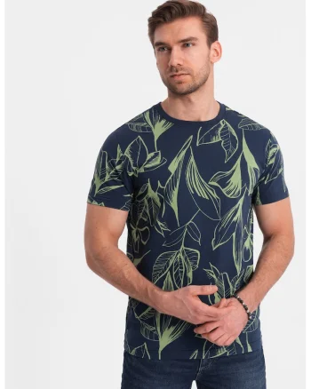 Tricou cu decolteu la baza gatului si imprimeu, Bleumarin