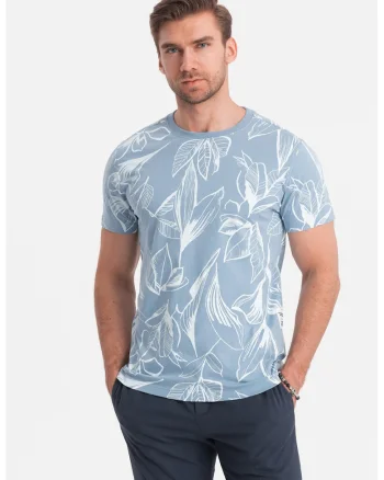 Tricou cu decolteu la baza gatului si imprimeu, Albastru pastel
