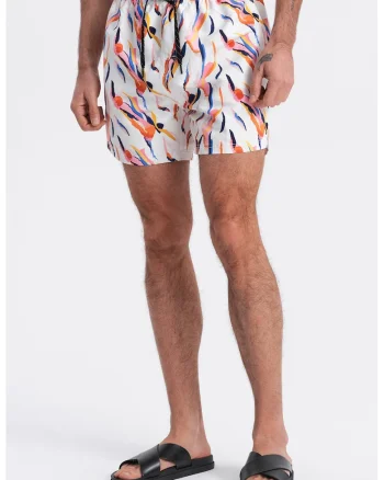 Pantaloni scurti de baie cu model si buzunare laterale, Alb/Portocaliu