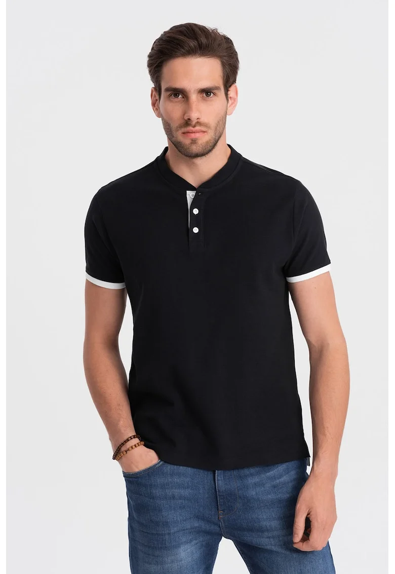 Tricou de bumbac cu fenta cu nasturi, Negru