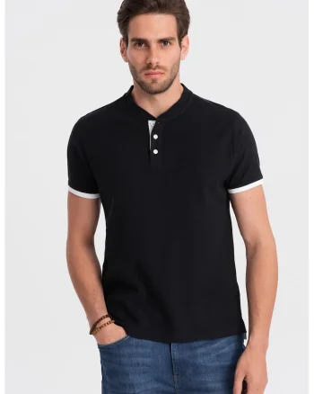 Tricou de bumbac cu fenta cu nasturi, Negru