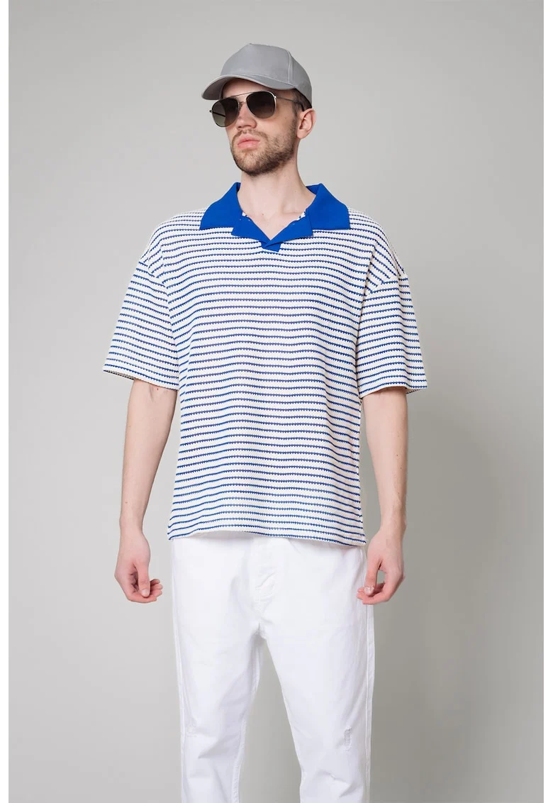 Tricou polo din amestec de bumbac cu model cu dungi, Albastru royal/Alb murdar