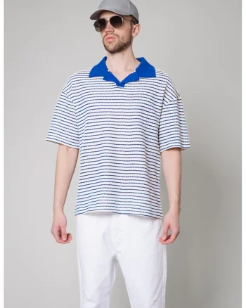 Tricou polo din amestec de bumbac cu model cu dungi, Albastru royal/Alb murdar