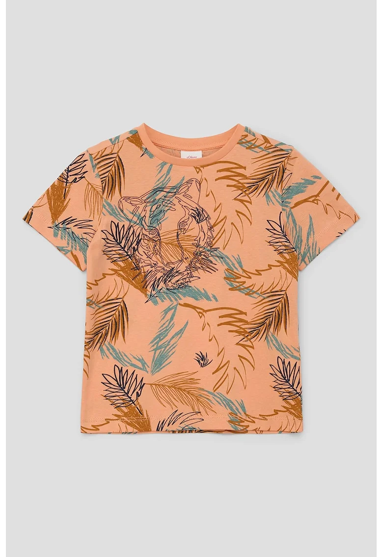 Tricou de bumbac cu imprimeu tropical, Portocaliu pal