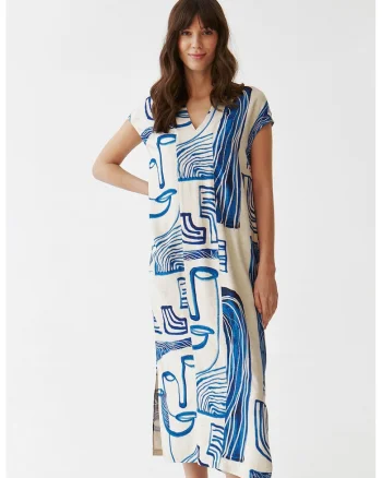 Rochie midi din amestec de in cu decolteu in V, Alb/Albastru