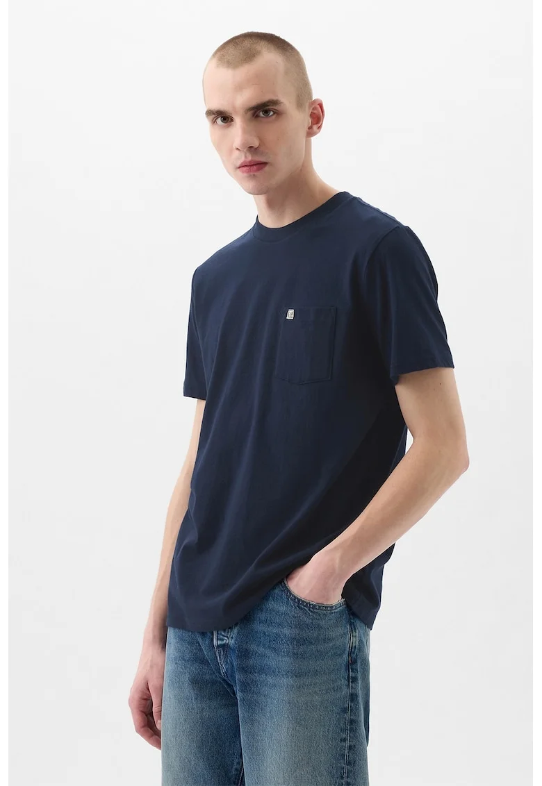 Tricou de bumbac organic cu decolteu la baza gatului, Bleumarin
