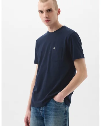 Tricou de bumbac organic cu decolteu la baza gatului, Bleumarin