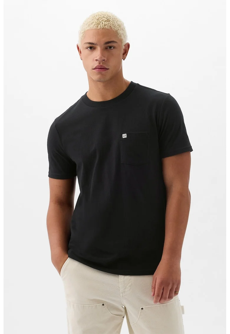 Tricou de bumbac organic cu decolteu la baza gatului, Negru