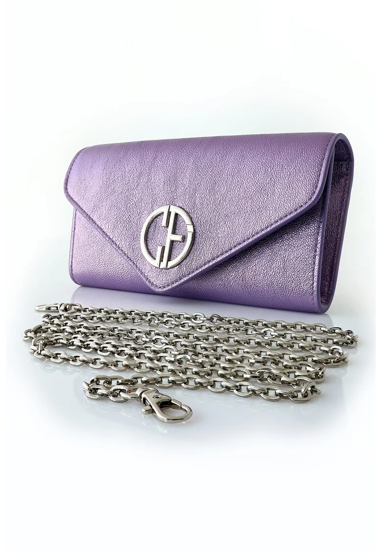Geanta plic din piele cu bareta din lant, Culori diferite, Violet, 10.2 x 19.2 x 3.7 cm
