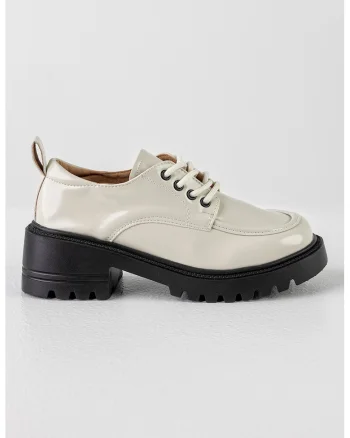 Pantofi de piele ecologica cu toc masiv, Negru/Alb optic