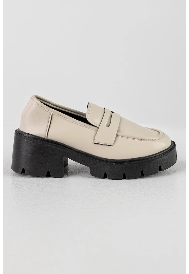 Pantofi loafer de piele ecologica cu toc masiv, Negru/Maro nisip