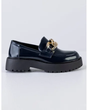 Pantofi loafer de piele ecologica lacuita cu detaliu de lant, Auriu/Bleumarin