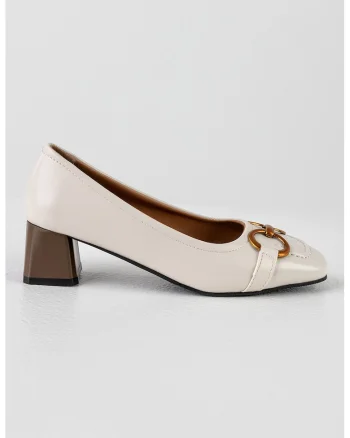 Pantofi de piele ecologica cu toc masiv, Alb optic/Bronz