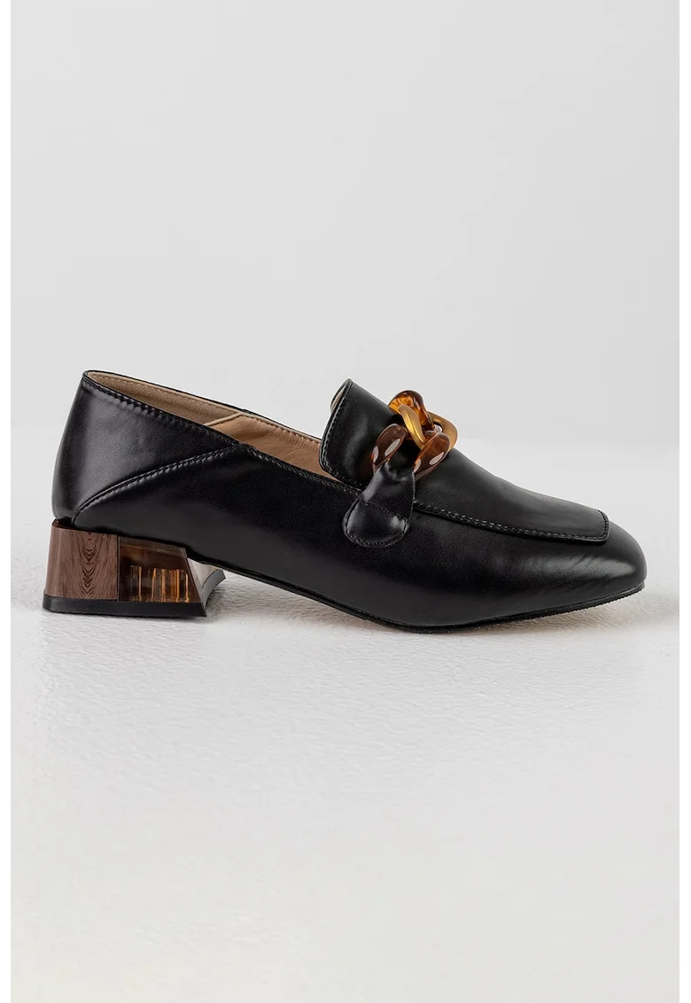 Pantofi loafer de piele ecologica cu toc patrat, Negru/Maro scortisoara