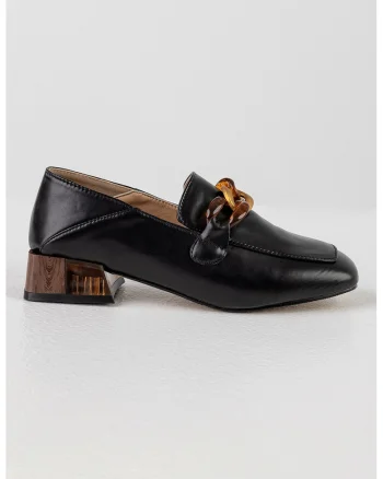 Pantofi loafer de piele ecologica cu toc patrat, Negru/Maro scortisoara