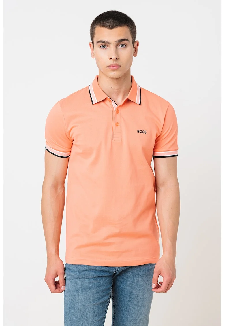 Tricou polo regular fit din bumbac pique cu margini contrastante Paddy, Alb/Negru/Coral