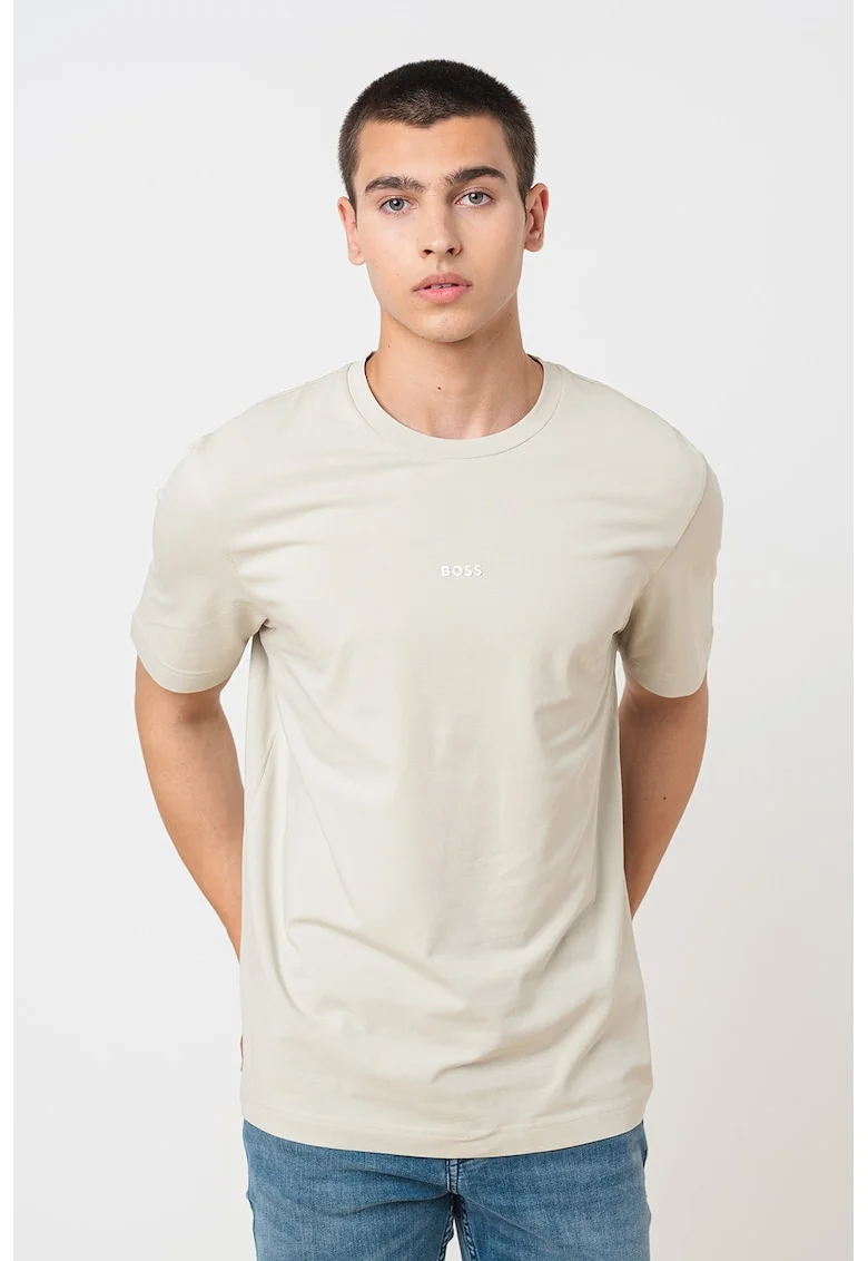 Tricou cu decolteu la baza gatului si logo discret, Maro nisip