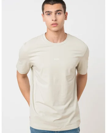 Tricou cu decolteu la baza gatului si logo discret, Maro nisip
