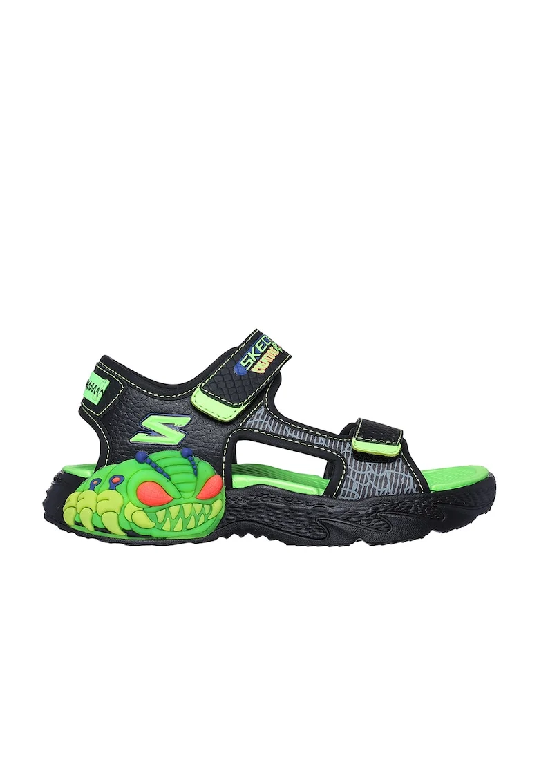 Sandale din piele ecologica cu inchidere velcro, Negru/Verde lime