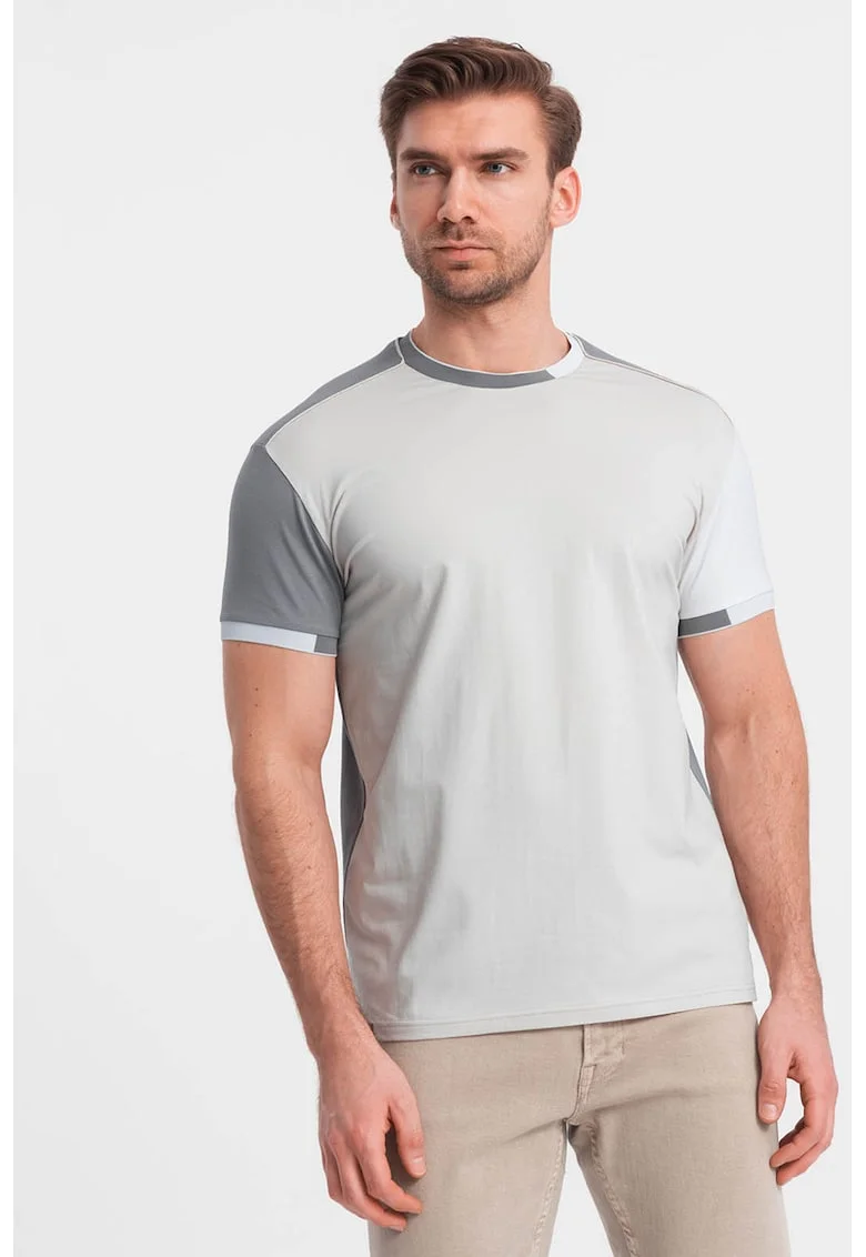 Tricou cu decolteu la baza gatului si model colorblock, Gri