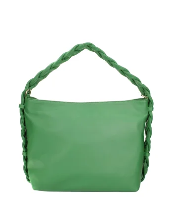 Geanta de piele cu bareta de umar si maner impletit, Verde