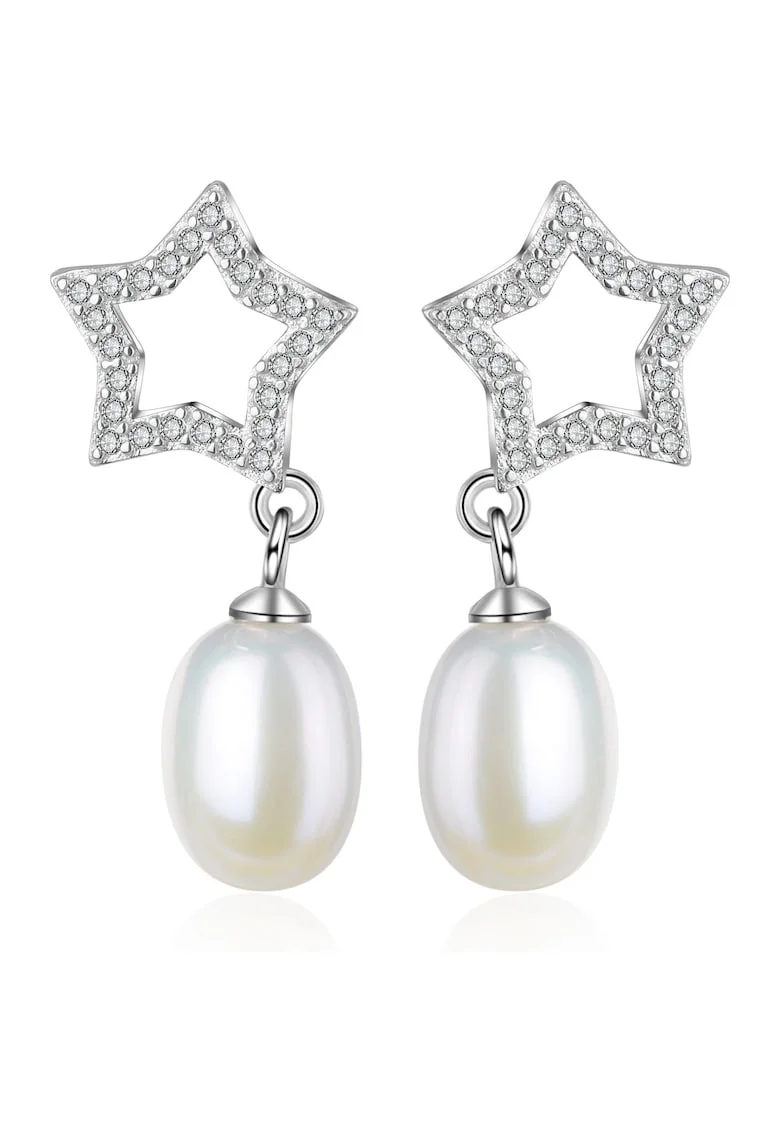 Cercei din argint decorati cu zirconia si perle Mizuki, Argintiu