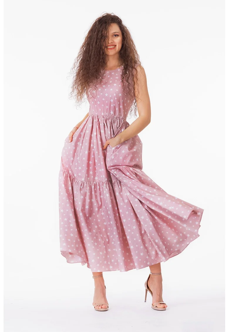 Rochie evazata fara maneci cu buzunare laterale, Alb/Roz prafuit