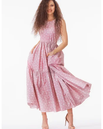 Rochie evazata fara maneci cu buzunare laterale, Alb/Roz prafuit