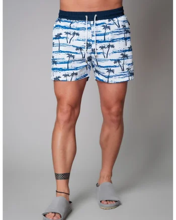 Pantaloni scurti de baie cu snur de ajustare si imprimeu tropical, Negru/Alb optic/Albastru