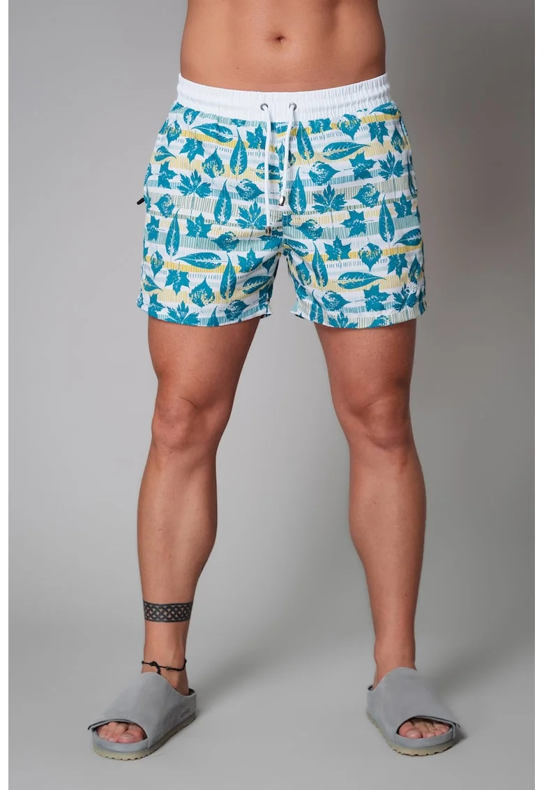 Pantaloni scurti de baie cu model si talie ajustabila, Alb/Albastru royal