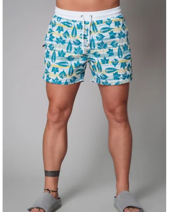 Pantaloni scurti de baie cu model si talie ajustabila, Alb/Albastru royal
