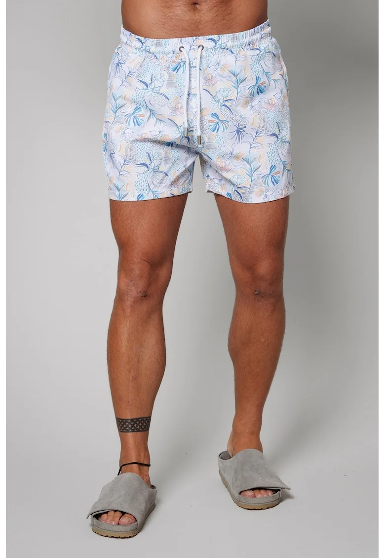 Pantaloni scurti de baie cu model si buzunare laterale, Albastru pastel/Alb optic