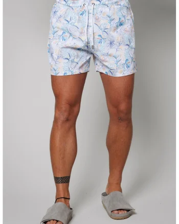 Pantaloni scurti de baie cu model si buzunare laterale, Albastru pastel/Alb optic