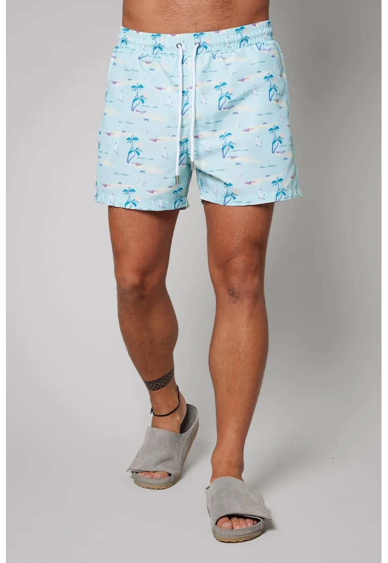 Pantaloni scurti de baie cu model si buzunare laterale, Albastru pastel/Albastru royal